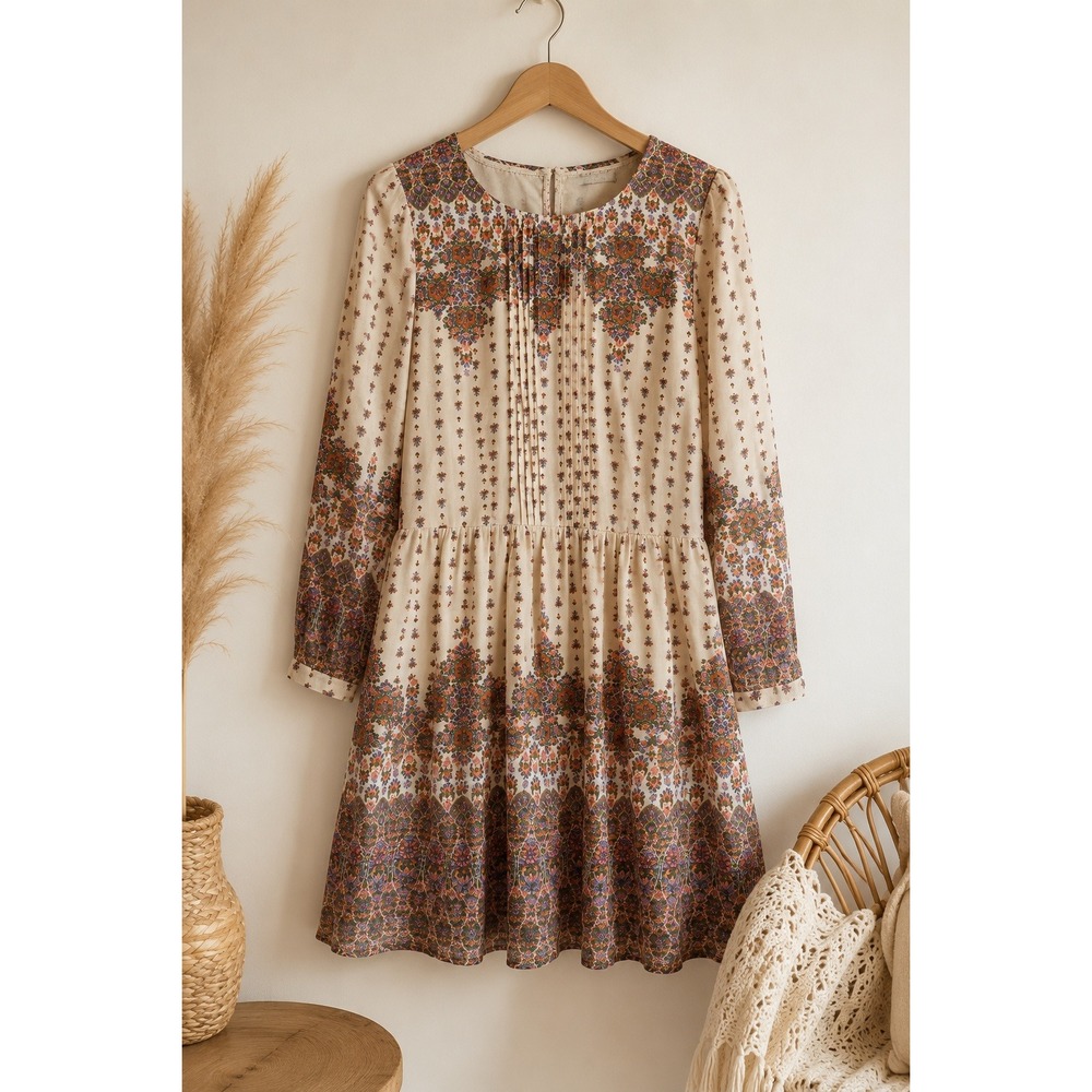 Atmosphere Boho Paisley Floral Pleated Babydoll Mini Dress Long Sleeve Sz 6